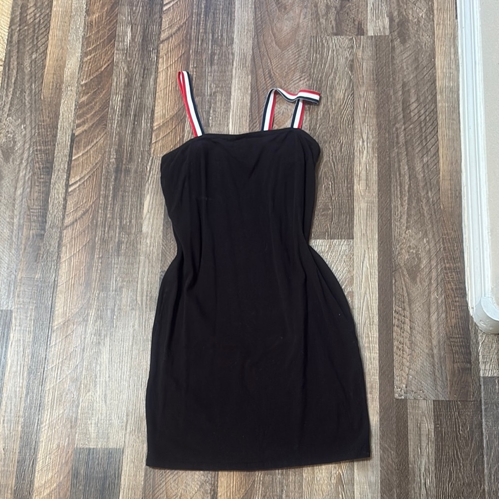 Elegant Black Dress with Striped Straps